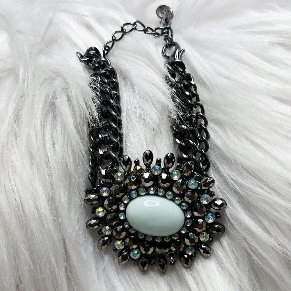 Chain Link Rhinestone Fashion Statement Bracelet Gun Metal Silver & Pastel Green